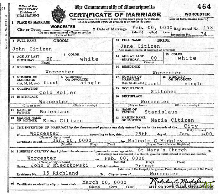 Modèle de certificat de mariage USA Massachusetts au format PSD